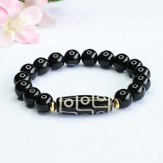 Buddha Stones Tibetan Nine-eye Dzi Bead Black Onyx Power Bracelet