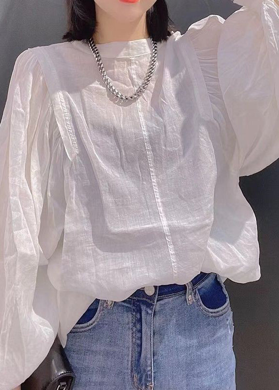 Versatile White O Neck Cotton Tops Lantern Sleeve