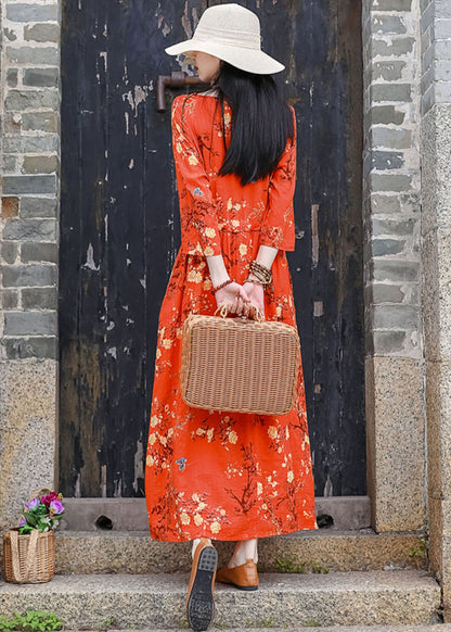 Orange V Neck Print Cotton Linen Party Dress Bracelet Sleeve