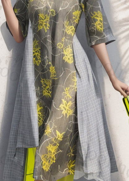 Natural Colorblock O Neck Print Loose Silk Dress Summer