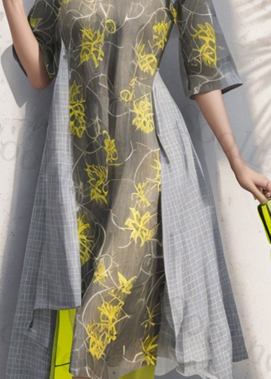 Natural Colorblock O Neck Print Loose Silk Dress Summer