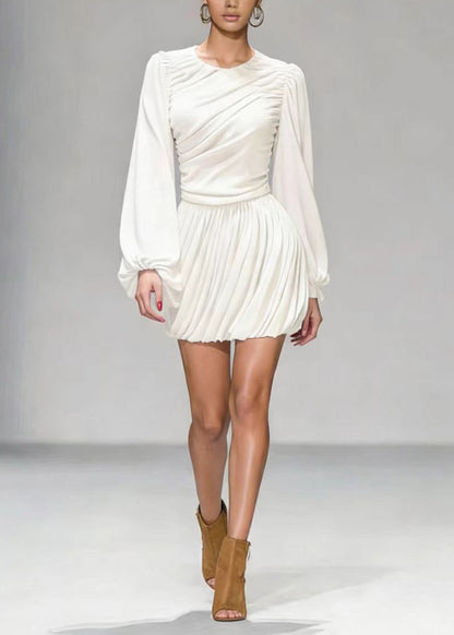 White O Neck Wrinkled Patchwork Mid Dress Lantern Sleeve