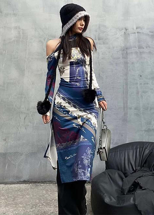 Colorblock Cold Shoulder Print Cotton Dress Long Sleeve