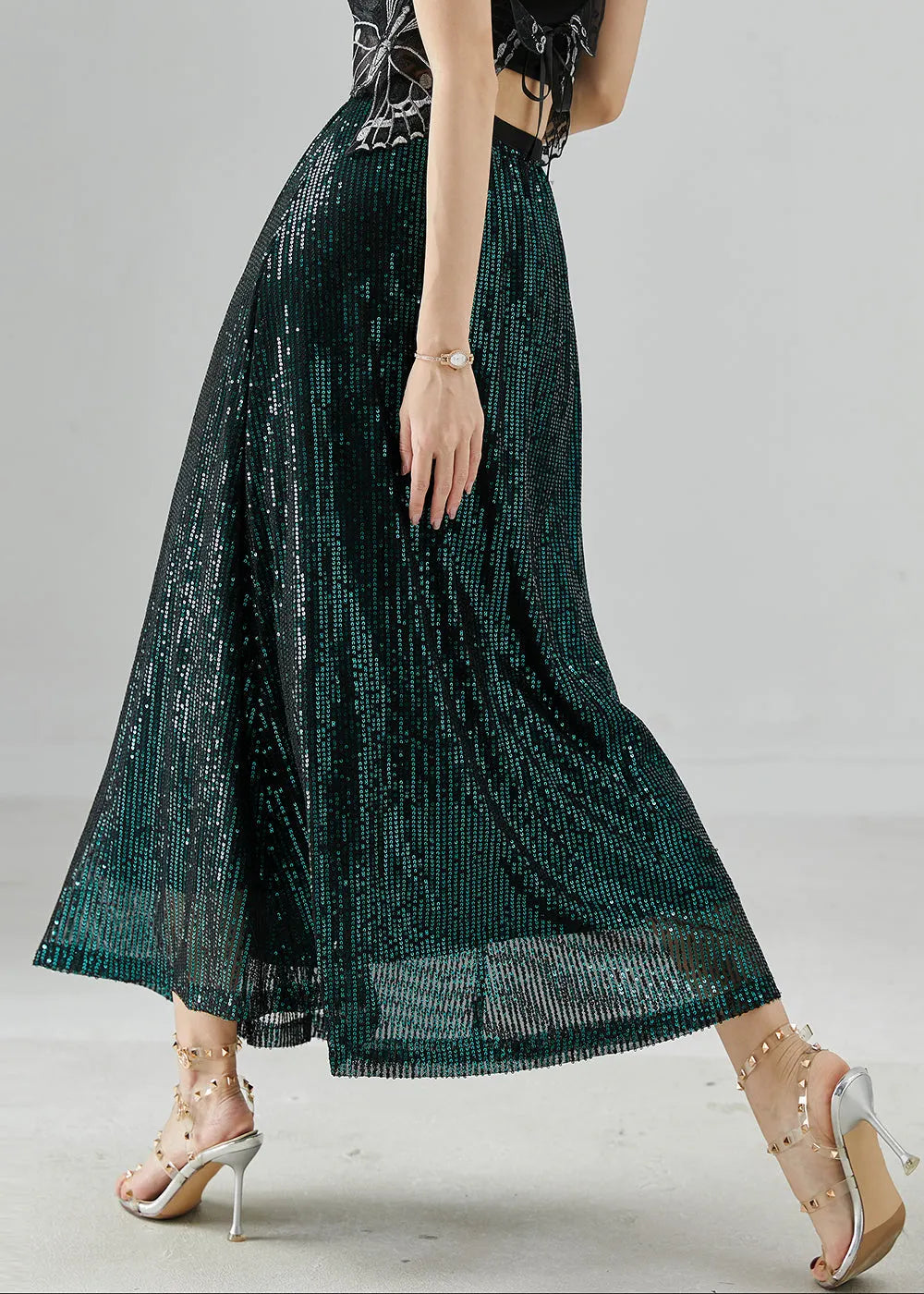 Peacock Green Sequins Silm Fit Holiday Skirts Summer
