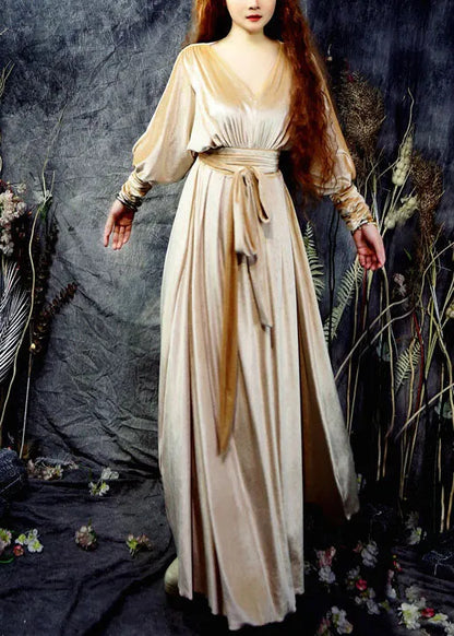 Yellow V Neck Exra Large Hem Silk Velour Cinch Long Dresses Long Sleeve