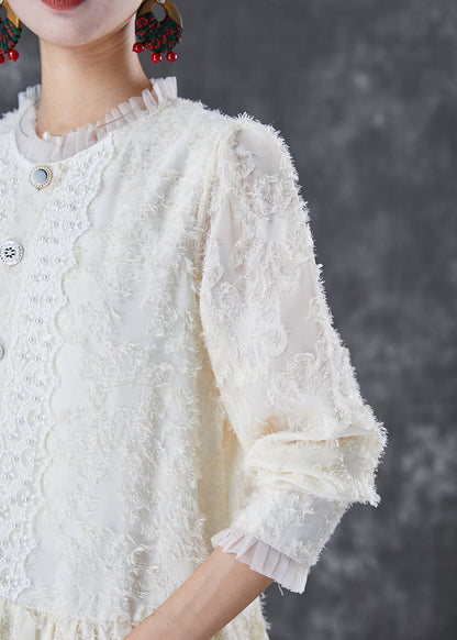Beige Silm Fit Patchwork Lace Cotton Blouses Fall