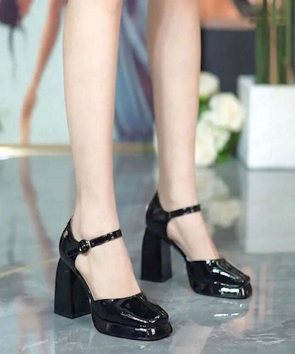 Black High Heels Chunky Cowhide Leather Buckle Strap Platform Heels