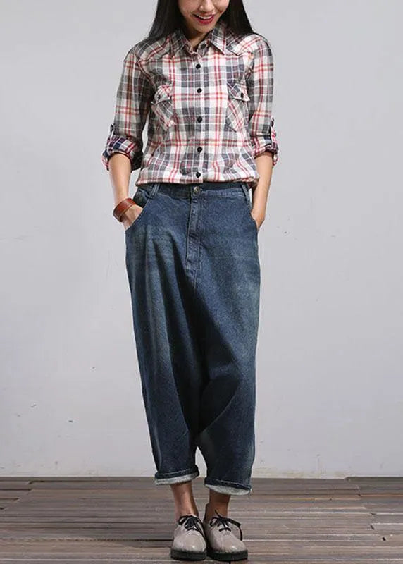 Modern Blue Pockets Wrinkled Fall Harem Denim Pants