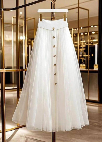 White Single Breasted Patchwork Tulle a Line Skirt Fall
