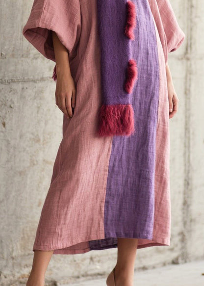 Pink Oversized Patchwork Cotton Robe Dresses Lantern Sleeve