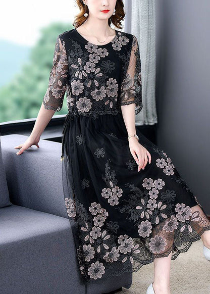 Black Patchwork Tulle Holiday Dress O-neck Embroideried Half Sleeve