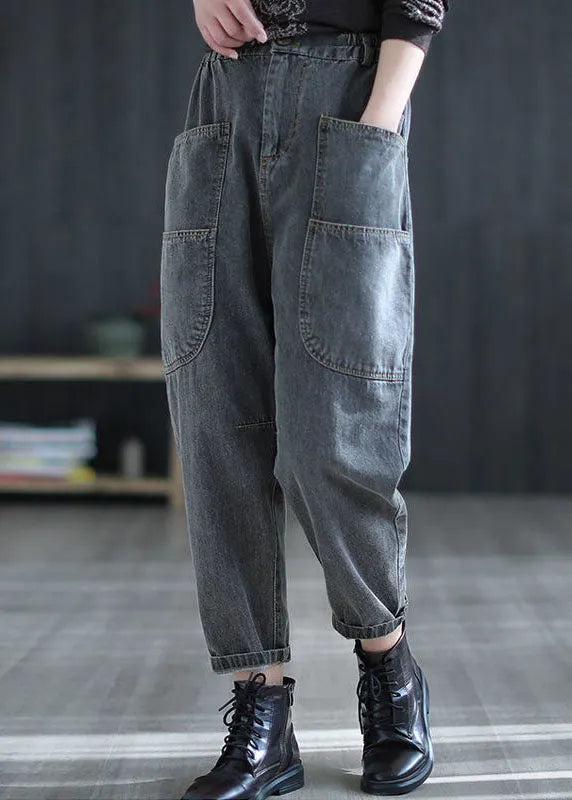 Grey High Waist Pockets Harem Fall Denim Pants