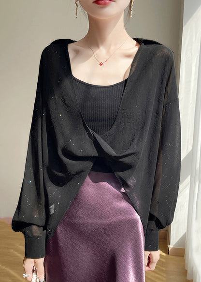 Black Peter Pan Collar Chiffon Blouses Fall