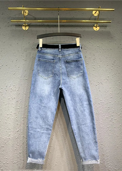 Diy Blue High Waist Pockets Patchwork Denim Pants Fall