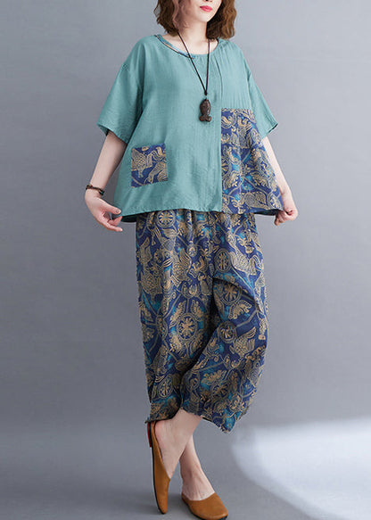 Blue Asymmetrical Patchwork Cotton Two Pieces Set Summer