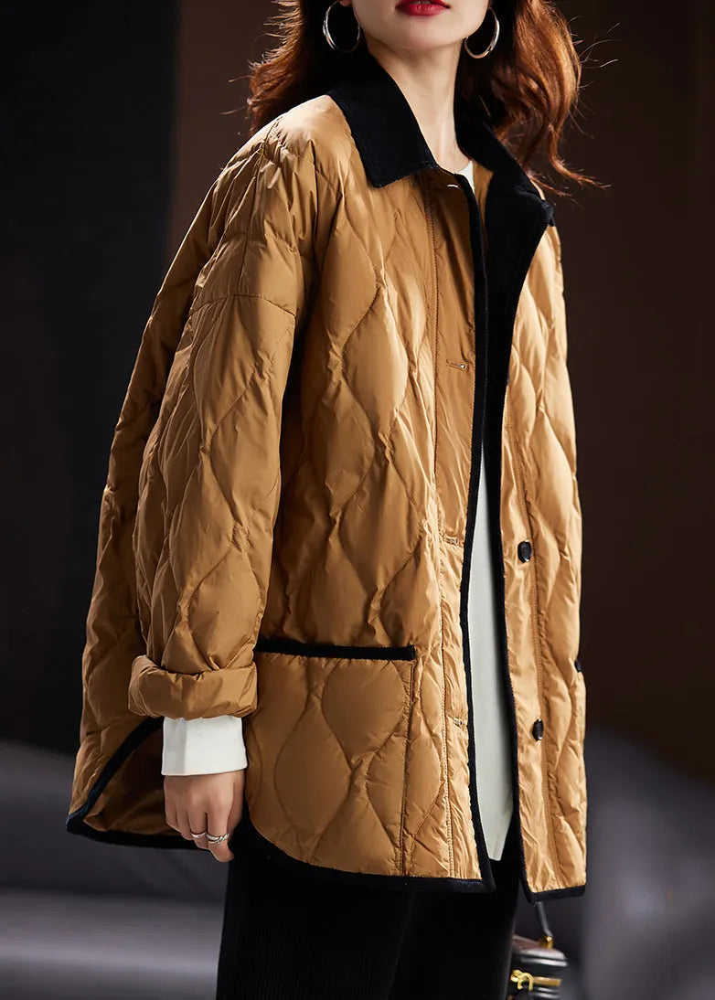 Khaki Peter Pan Collar Pockets Duck Down Coat Long Sleeve