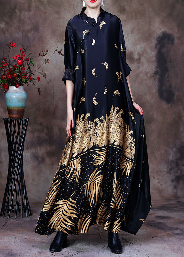 Black Mandarin Collar Print Silk Long Dress Gown Long Sleeve