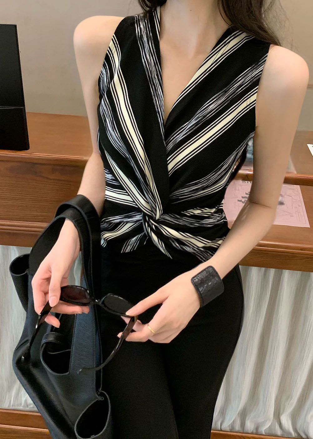 Black Asymmetrical Striped Cotton Halter Tops Summer
