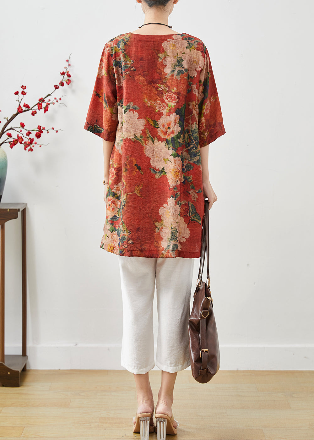 Red Oversized Print Linen Two-piece Set Summer