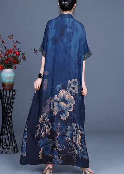 Blue Print Silk Dresses Half Sleeve