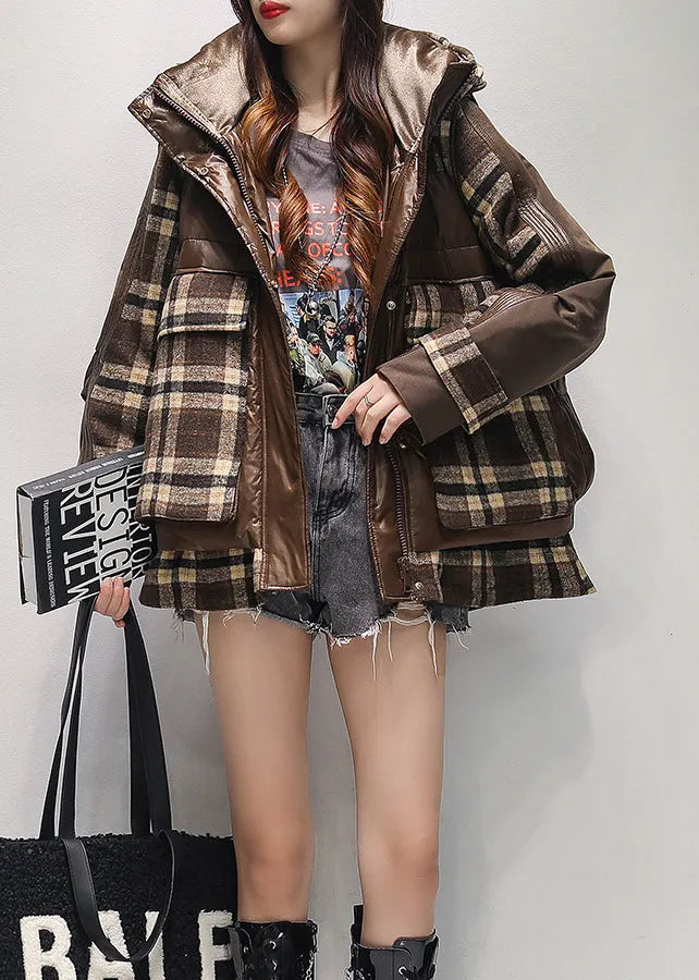 Coffee Hooded False Two Pieces Duck Down Puffer Jacket Winter