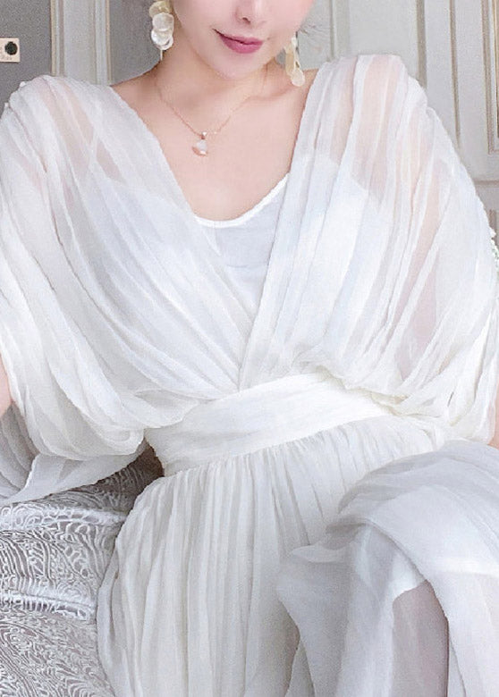 Diy White V Neck Wrinkled Tunic Silk Long Dresses Short Sleeve