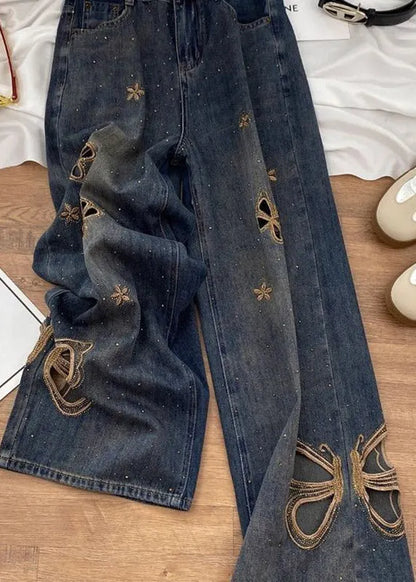 New Hollow Out Butterfly Zircon Straight Jeans