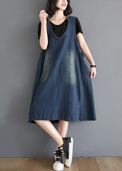 Modern Blue Hoodedpockets Patchwork Denim Waistcoat Long Dress Sleeveless