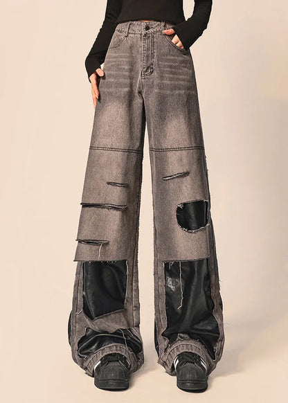 Original Black Gray Distressed Patchwork Denim Straight Pants Autumn