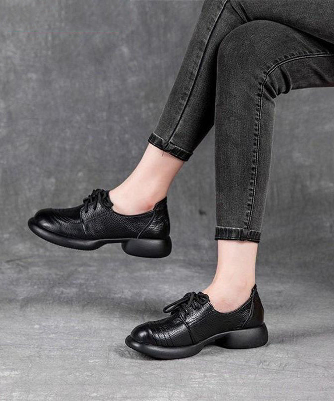 Brown Cowhide Leather Lace Up Splicing Flat Shoes for