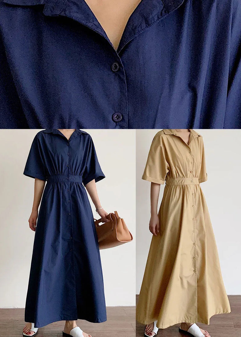 Modern Navy Peter Pan Collar Wrinkled Cotton Dress Half Sleeve