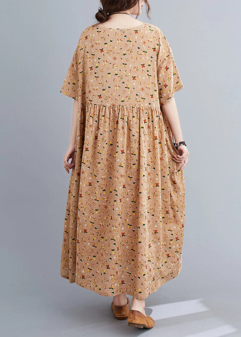 French Pink Orange O-neck Wrinkled Print Cotton Loose Dresses Short Sleeve