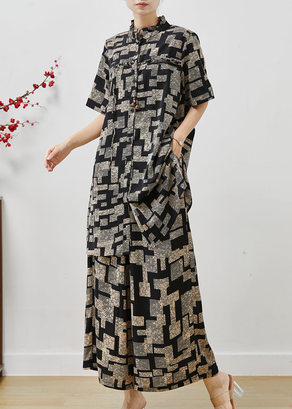 Black Stand Collar Print Chiffon Two Pieces Set Summer