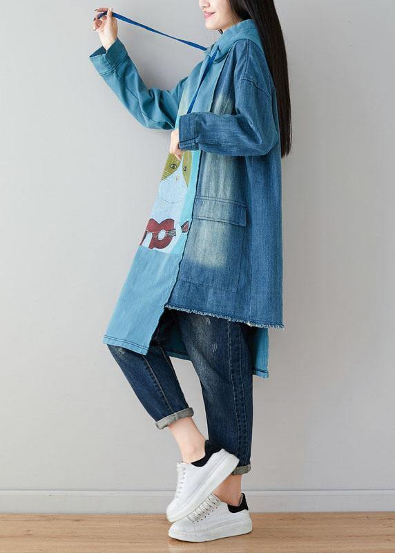 Blue Hooded Pockets Patchwork Asymmetrical Design Print Fall Pullover Sweatshirt