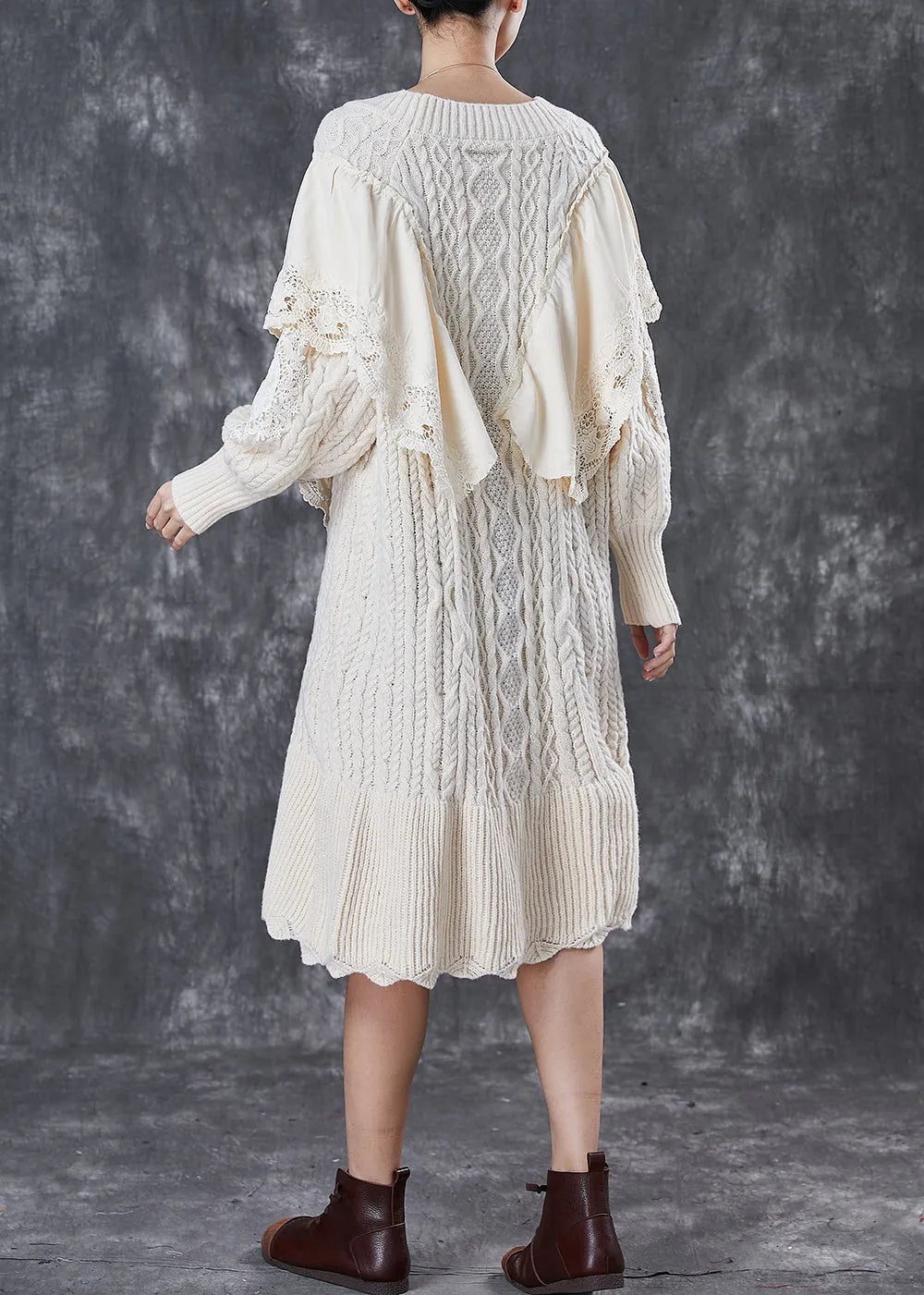 French Apricot Ruffleds Patchwork Knit Sweater Dress Winter