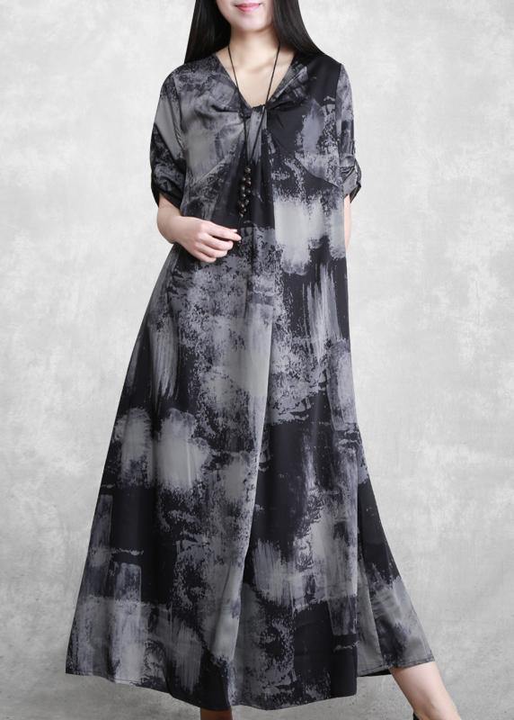 V Neck Asymmetric Quilting Clothes Design Gray Print Maxi Dress