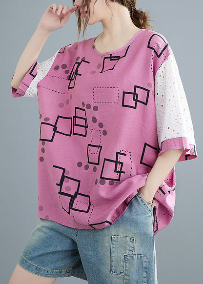 Modern Pink O-neck Hollow Out Print Patchwork Tank Tops Short Sleeve