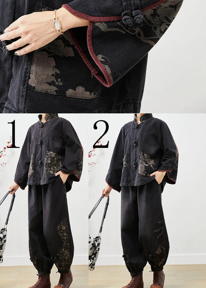 Black Stand Collar Patchwork Print Denim 2 Piece Outfit Fall
