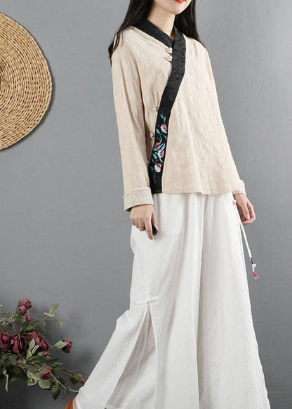 Khaki Button Patchwork Shirt Long Sleeve