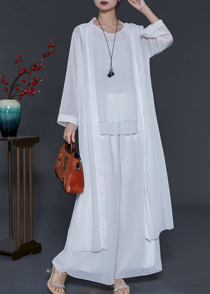 Simple White Oversized Draping Chiffon Three Piece Set Summer