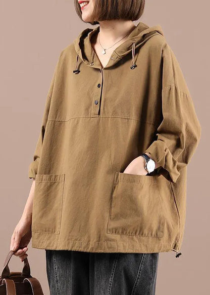 French Black Hooded Drawstring Patchwork Pockets Cotton Tops Fall