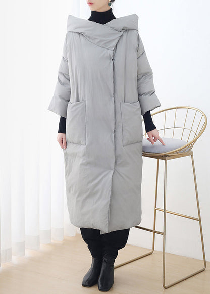 Grey Button Pockets Hooded Down Coat Long Sleeve