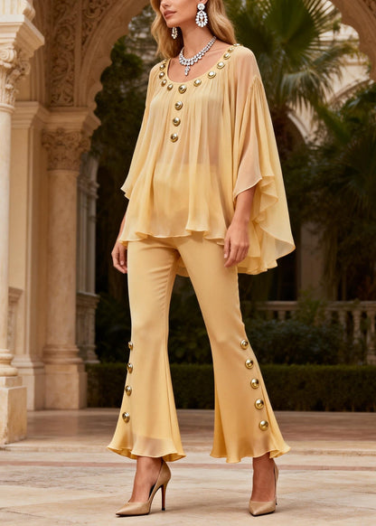 Yellow O Neck Sequined Silk Two-piece Set Summer