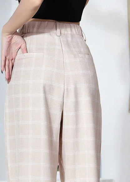 Apricot Plaid Side Open Summer Pants