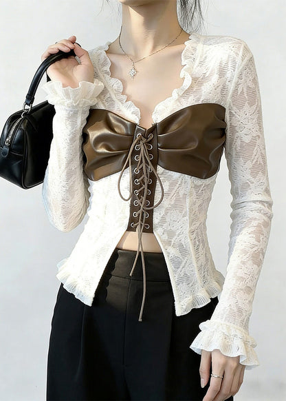 White Patchwork Cross Strap Lace Top Spring