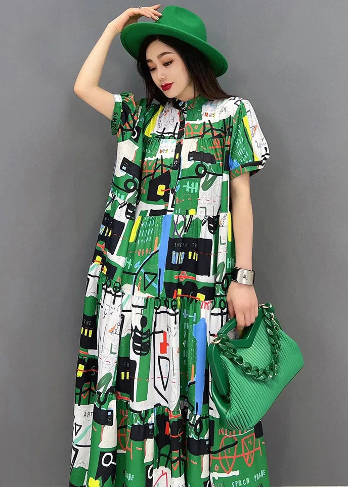 Green Stand Collar Patchwork Exra Large Hem Print Chiffon Maxi Dress Short Sleeve