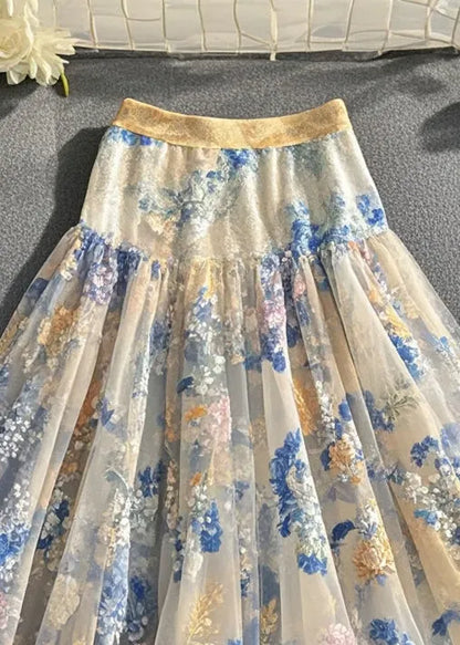 White Print Silm Fit Tulle Skirts Summer