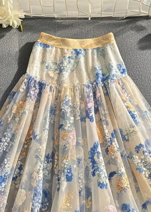 White Print Silm Fit Tulle Skirts Summer