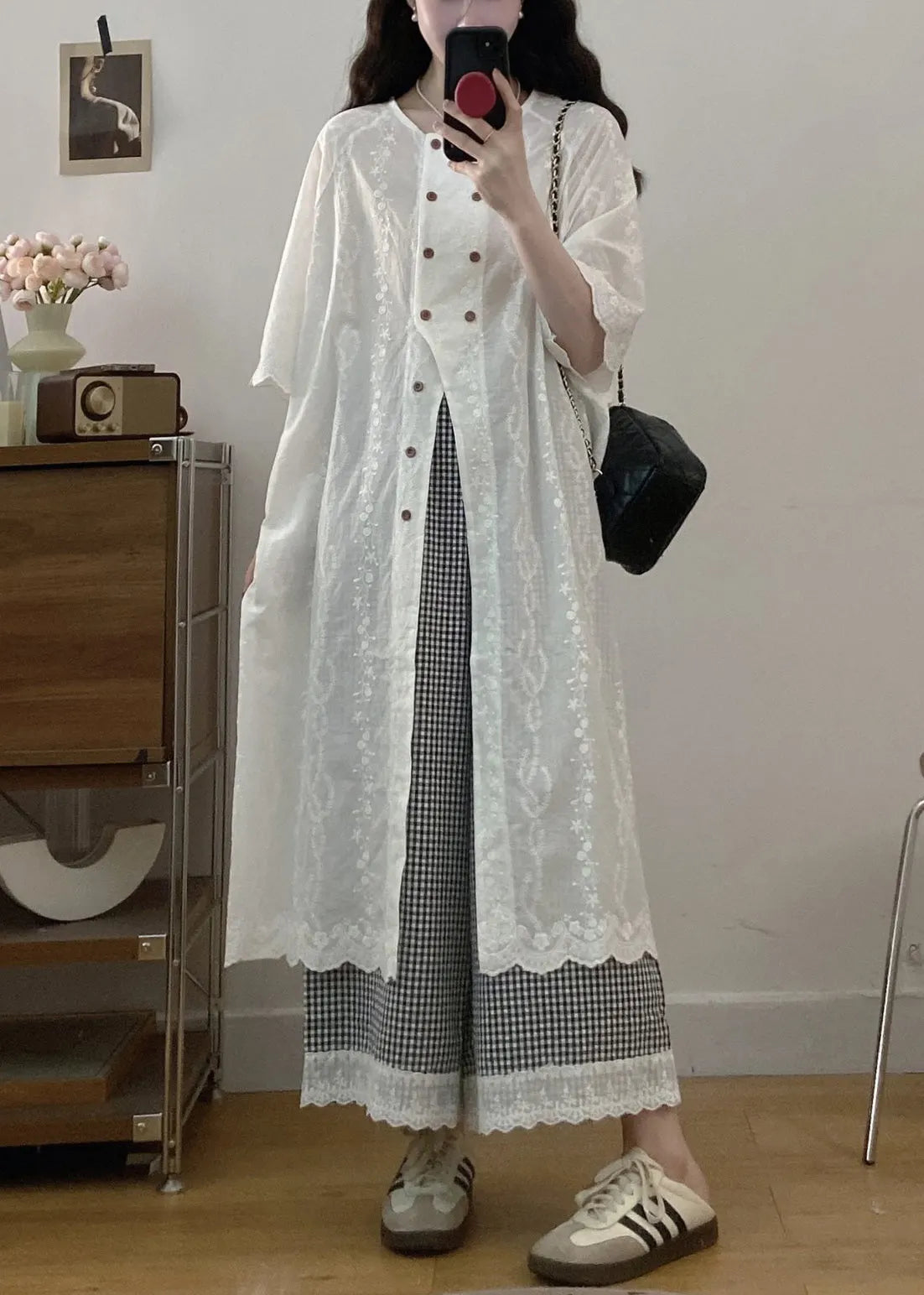 Jacquard White Button Shirt Dress and Plaid Wide Leg Pants Cotton Two Piece Set Half Sleeve