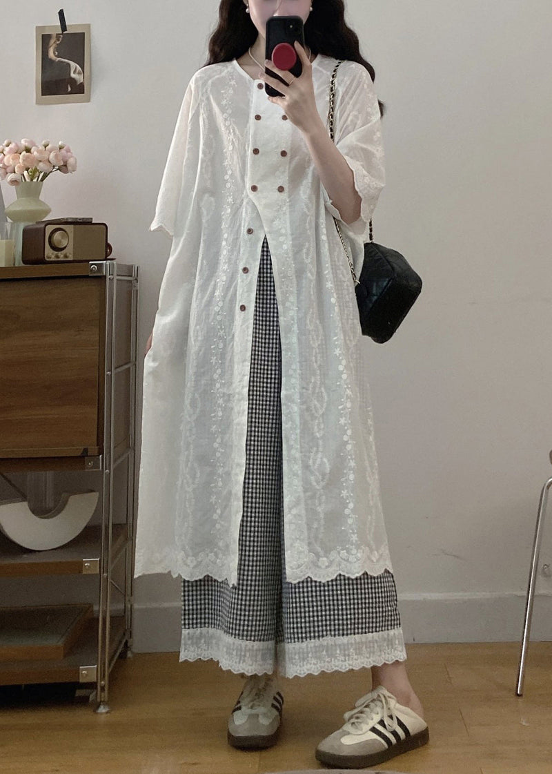 Jacquard White Button Shirt Dress and Plaid Wide Leg Pants Cotton Two Piece Set Half Sleeve